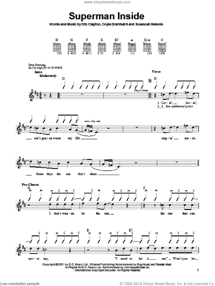 Superman Inside sheet music for guitar solo (chords) by Eric Clapton, Doyle Bramhall and Susannah Melvoin, easy guitar (chords)