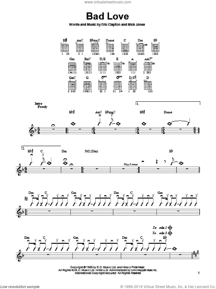 Bad Love sheet music for guitar solo (chords) by Eric Clapton and Mick Jones, easy guitar (chords)