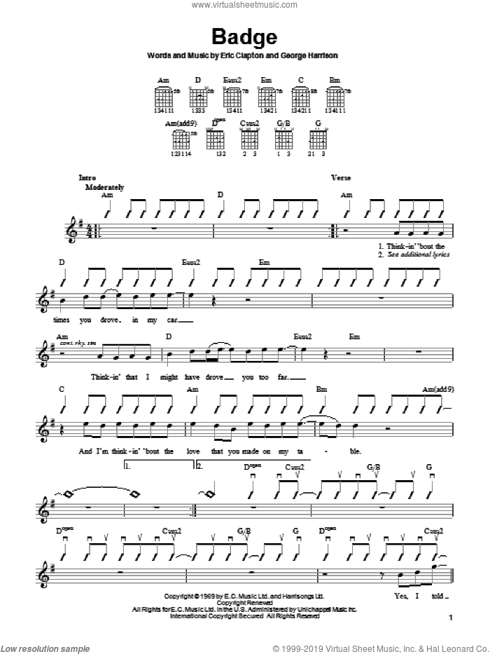 Badge sheet music for guitar solo (chords) by Eric Clapton, Cream and George Harrison, easy guitar (chords)