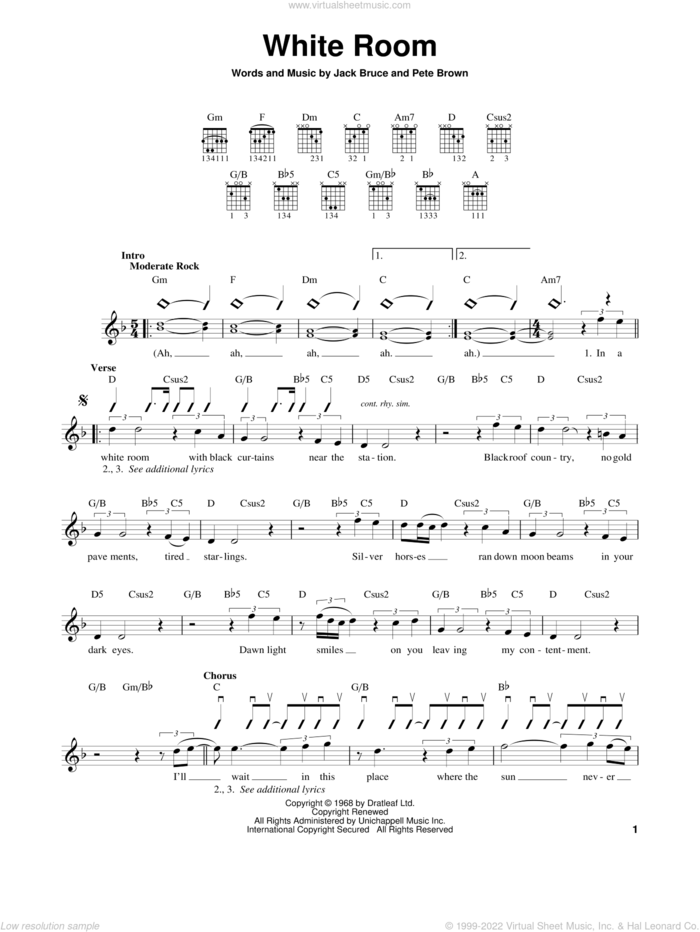 White Room sheet music for guitar solo (chords) by Cream, Eric Clapton, Jack Bruce and Pete Brown, easy guitar (chords)