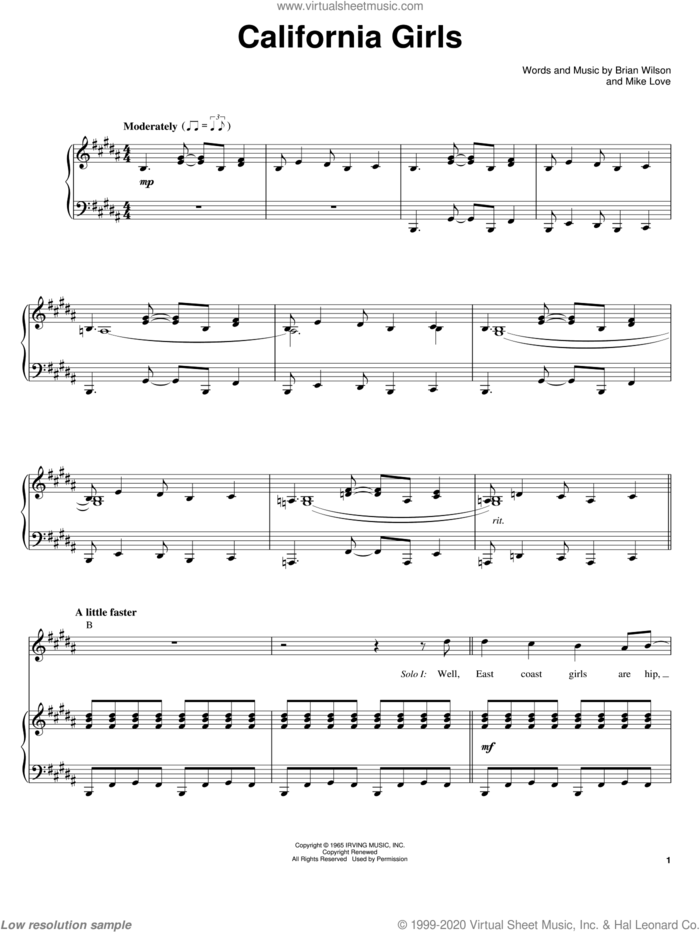 California Girls sheet music for voice and piano by The Beach Boys, David Lee Roth, Brian Wilson and Mike Love, intermediate skill level