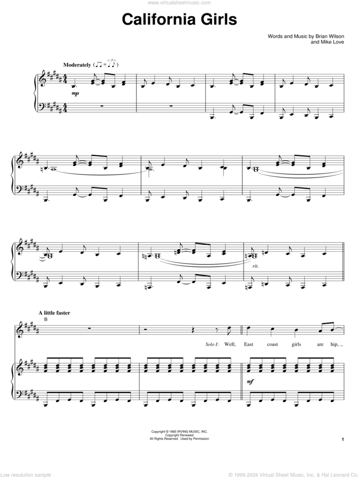 California Girls sheet music for voice and piano by The Beach Boys, David Lee Roth, Brian Wilson and Mike Love, intermediate skill level