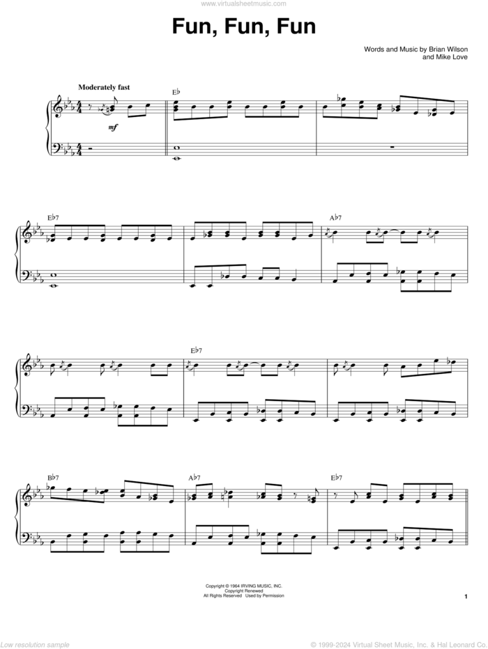 Fun, Fun, Fun sheet music for voice and piano by The Beach Boys, Brian Wilson and Mike Love, intermediate skill level