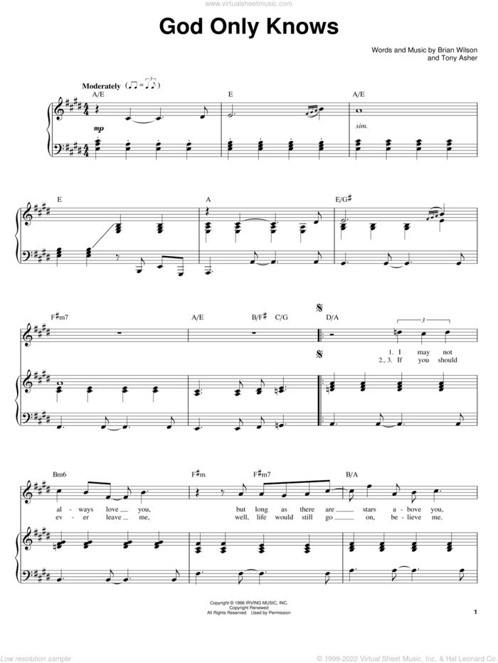 God Only Knows sheet music for voice and piano by The Beach Boys, Brian Wilson and Tony Asher, intermediate skill level