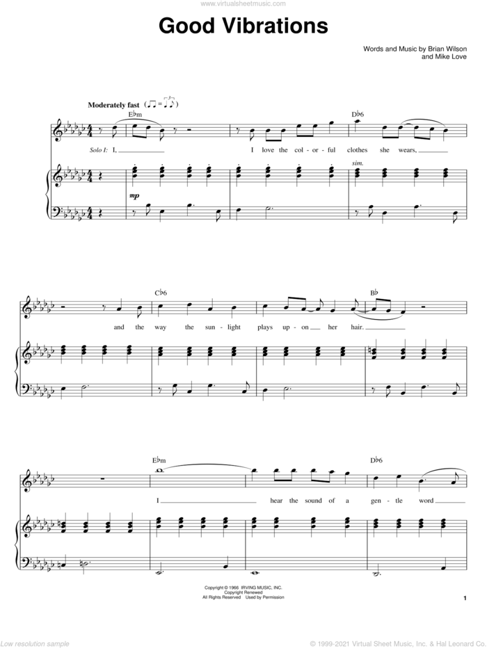 Good Vibrations sheet music for voice and piano by The Beach Boys, Brian Wilson and Mike Love, intermediate skill level
