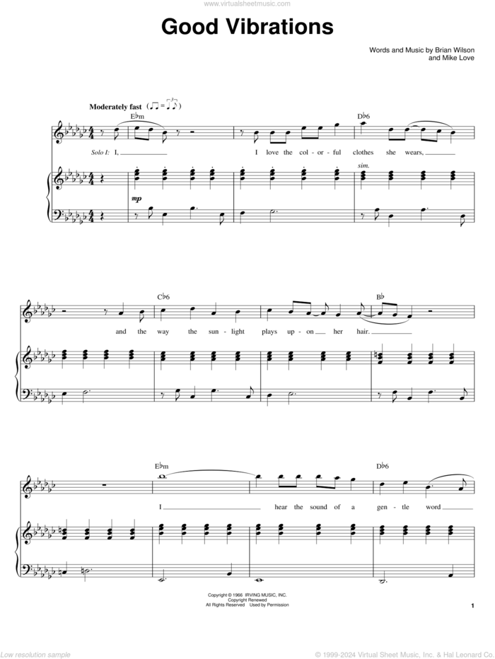 Good Vibrations sheet music for voice and piano by The Beach Boys, Brian Wilson and Mike Love, intermediate skill level