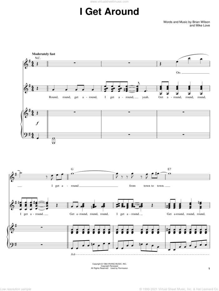 I Get Around sheet music for voice and piano by The Beach Boys, Brian Wilson and Mike Love, intermediate skill level