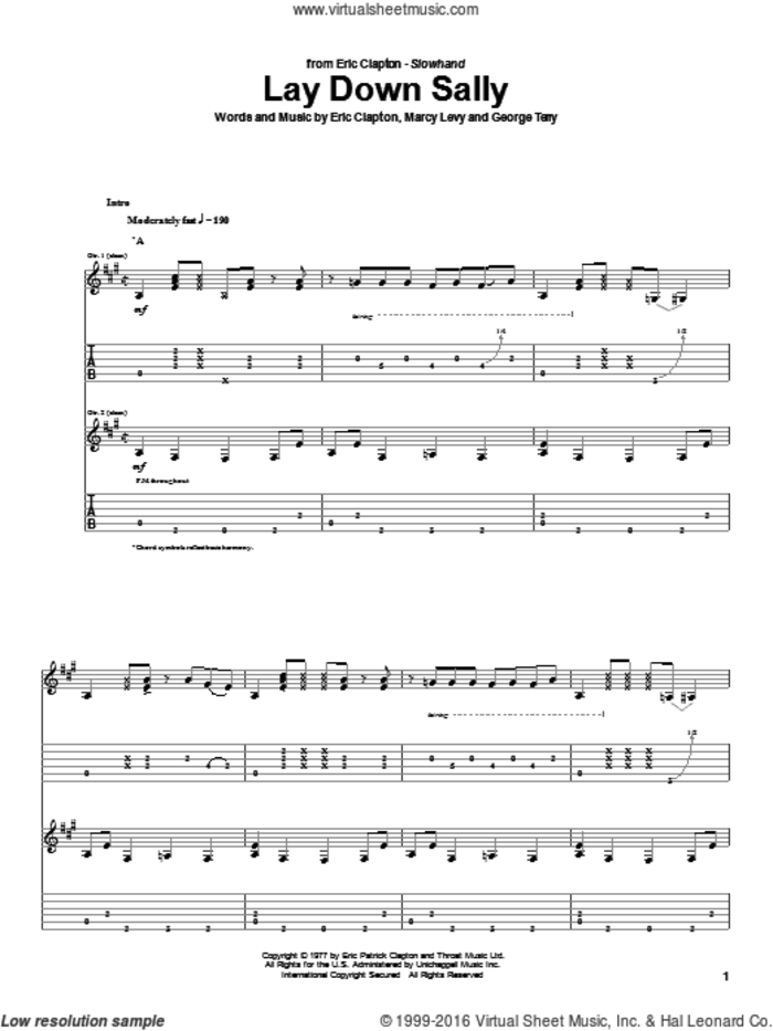 Lay Down Sally sheet music for guitar (tablature) by Eric Clapton, George Terry and Marcy Levy, intermediate skill level