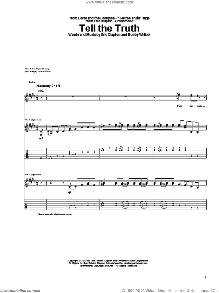 Tell The Truth sheet music for guitar (tablature) by Eric Clapton and Bobby Whitlock, intermediate skill level