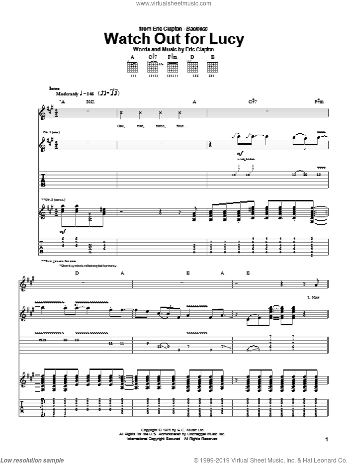 Watch Out For Lucy sheet music for guitar (tablature) by Eric Clapton, intermediate skill level
