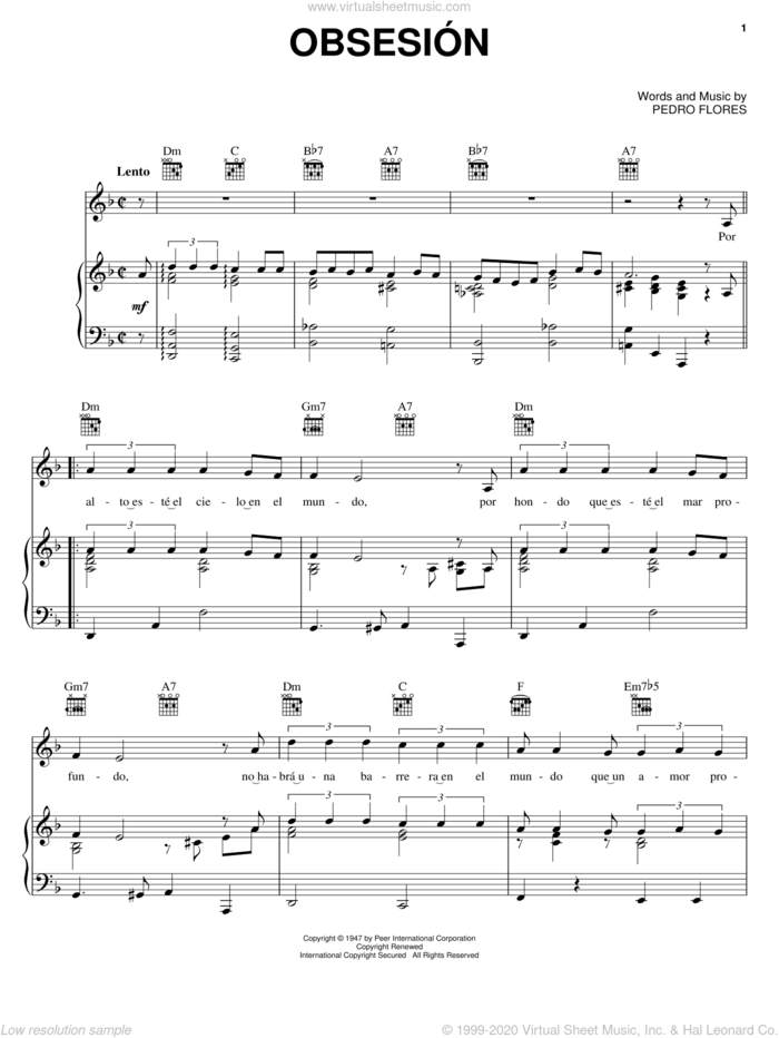 Obsesion sheet music for voice, piano or guitar by Pedro Flores, intermediate skill level