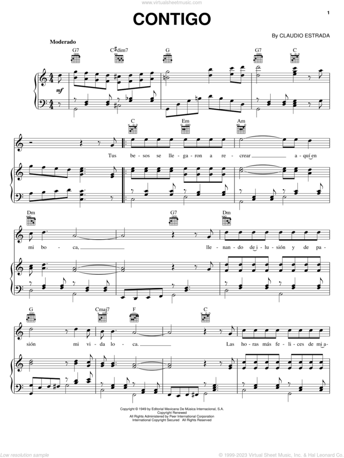 Contigo sheet music for voice, piano or guitar by Claudio Estrada, intermediate skill level