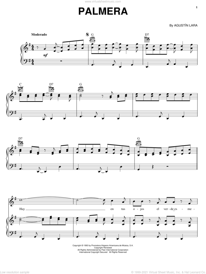 Palmera sheet music for voice, piano or guitar by Agustin Lara, intermediate skill level