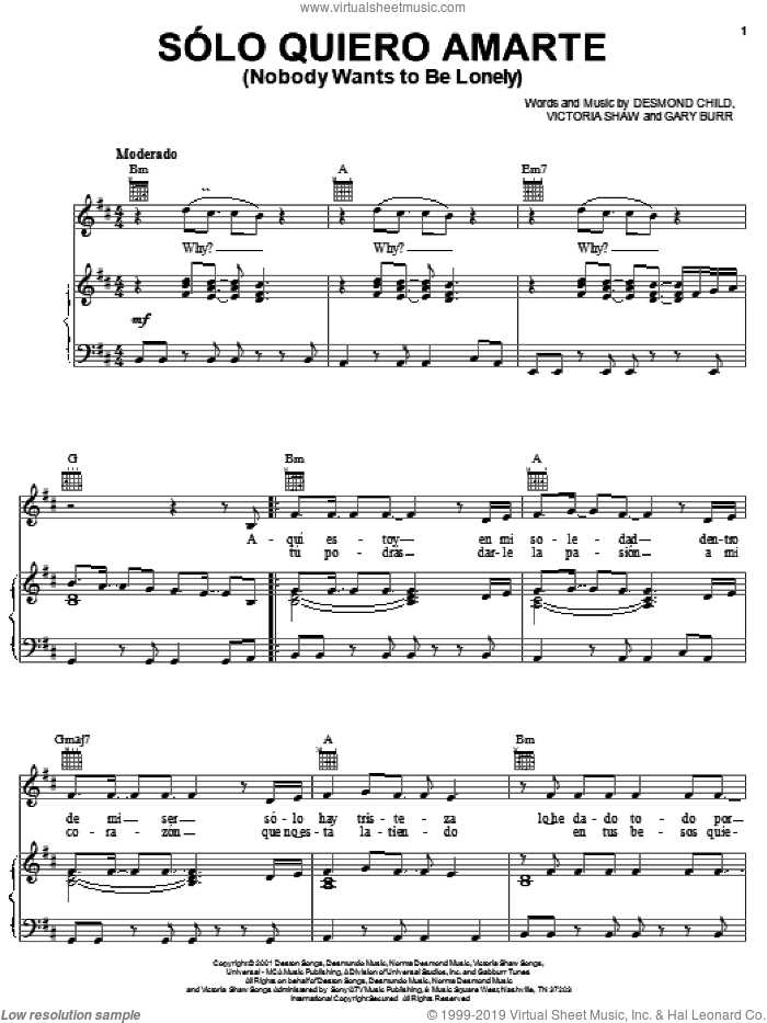 Solo Quiero Amarte (Nobody Wants To Be Lonely) sheet music for voice, piano or guitar by Ricky Martin with Christina Aguilera, Christina Aguilera, Ricky Martin, Desmond Child, Gary Burr and Victoria Shaw, intermediate skill level