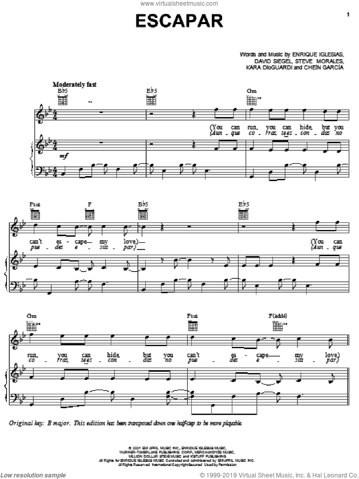 Escapar sheet music for voice, piano or guitar by Enrique Iglesias, David Siegel and Steve Morales, intermediate skill level