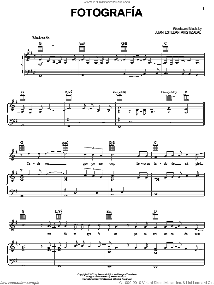Fotografia sheet music for voice, piano or guitar by Juanes and Juan Esteban Aristizabal, intermediate skill level