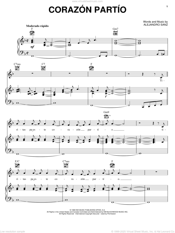 Corazon Partio sheet music for voice, piano or guitar by Alejandro Sanz, intermediate skill level