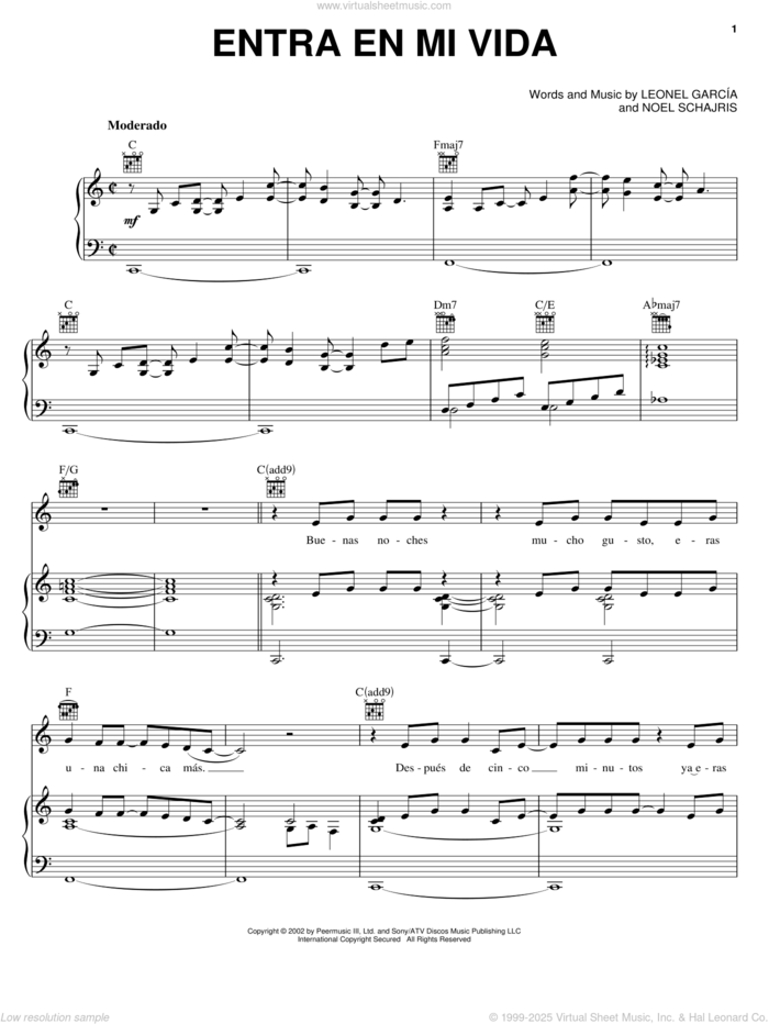 Entra en mi vida sheet music for voice, piano or guitar by Leonel Garcia and Noel Schajris, intermediate skill level