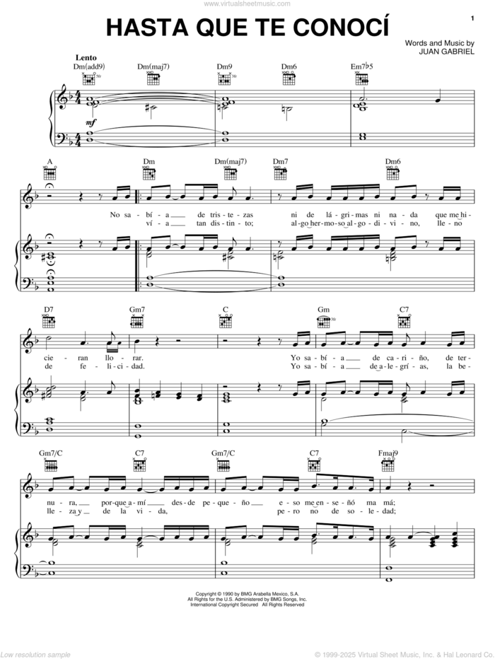 Hasta que te conoci sheet music for voice, piano or guitar by Juan Gabriel, intermediate skill level