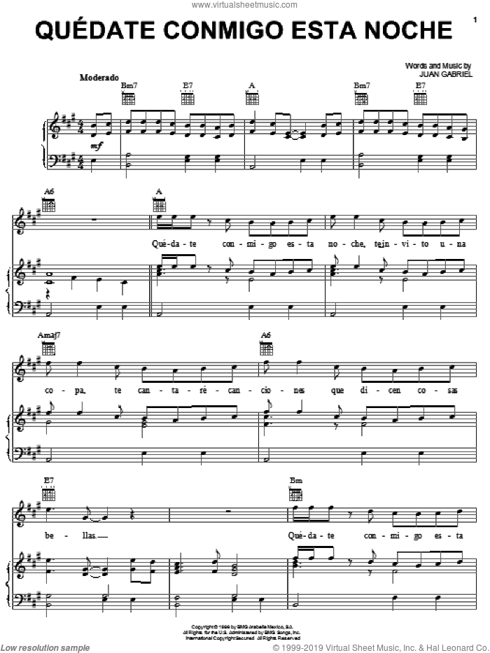 Quedate Conmigo Esta Noche sheet music for voice, piano or guitar by Juan Gabriel, intermediate skill level
