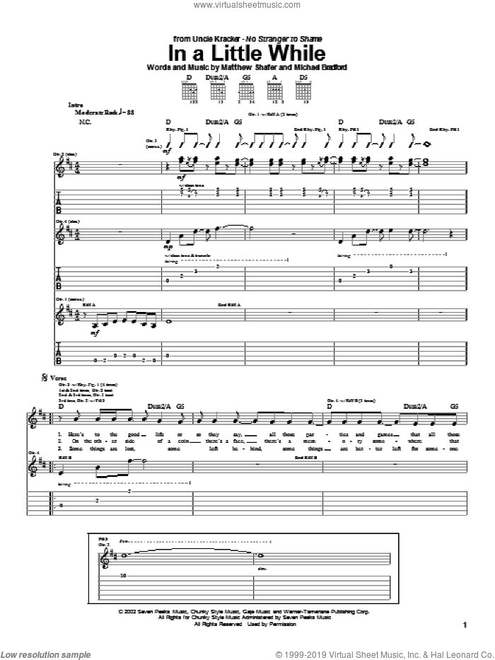 In A Little While sheet music for guitar (tablature) by Uncle Kracker, Matthew Shafer and Michael Bradford, intermediate skill level