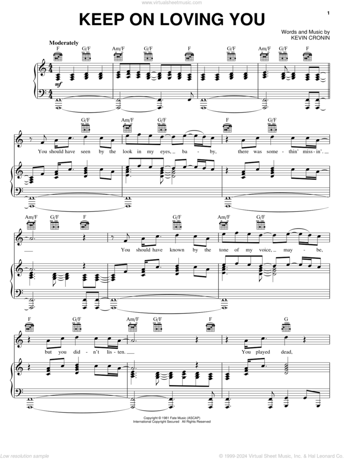 Keep On Loving You sheet music for voice, piano or guitar by REO Speedwagon and Kevin Cronin, intermediate skill level