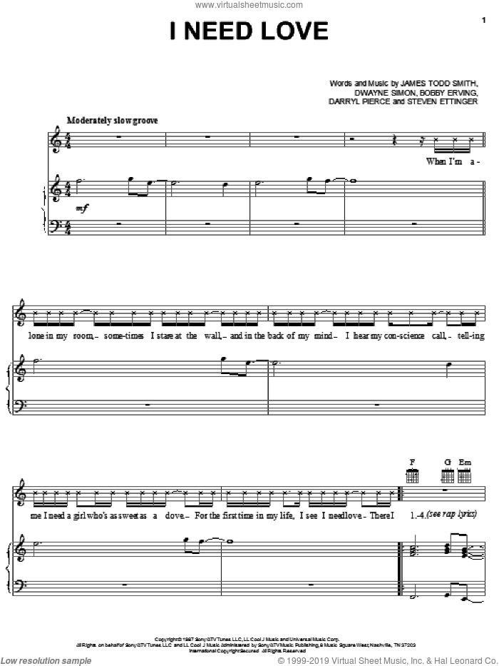 I Need Love sheet music for voice, piano or guitar by James Todd Smith, Bobby Erving and Dwayne Simon, intermediate skill level