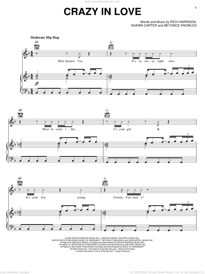 Crazy In Love sheet music for voice, piano or guitar by Beyonce, Jay-Z, Rich Harrison and Shawn Carter, intermediate skill level