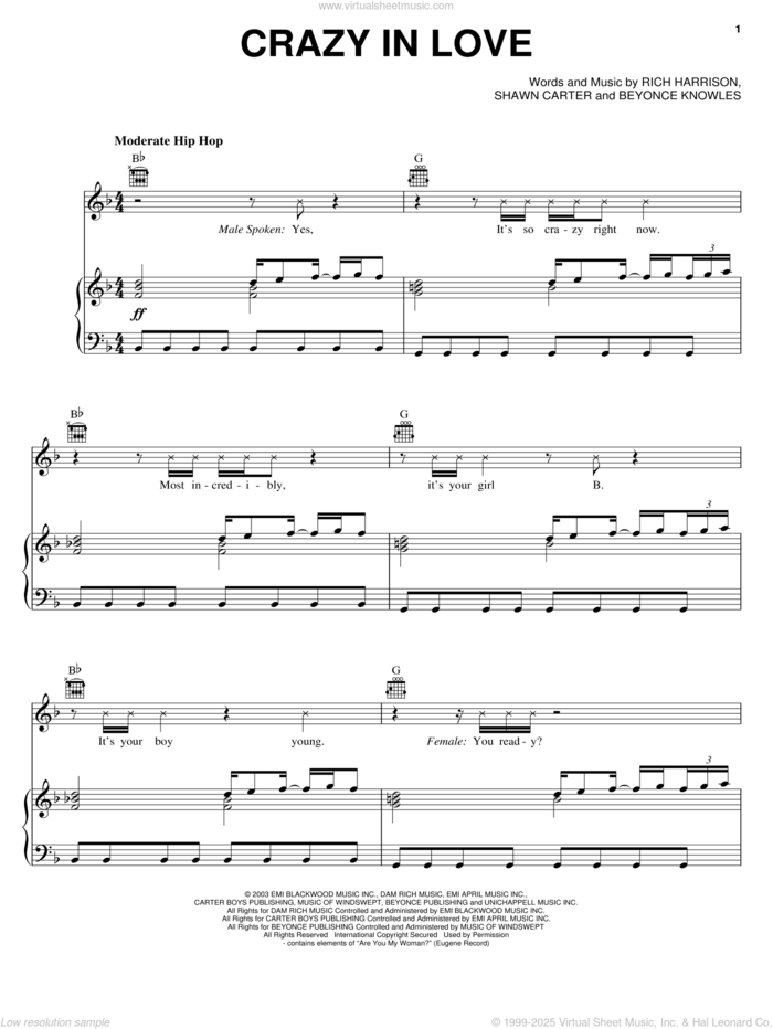 Crazy In Love sheet music for voice, piano or guitar by Beyonce, Jay-Z, Rich Harrison and Shawn Carter, intermediate skill level