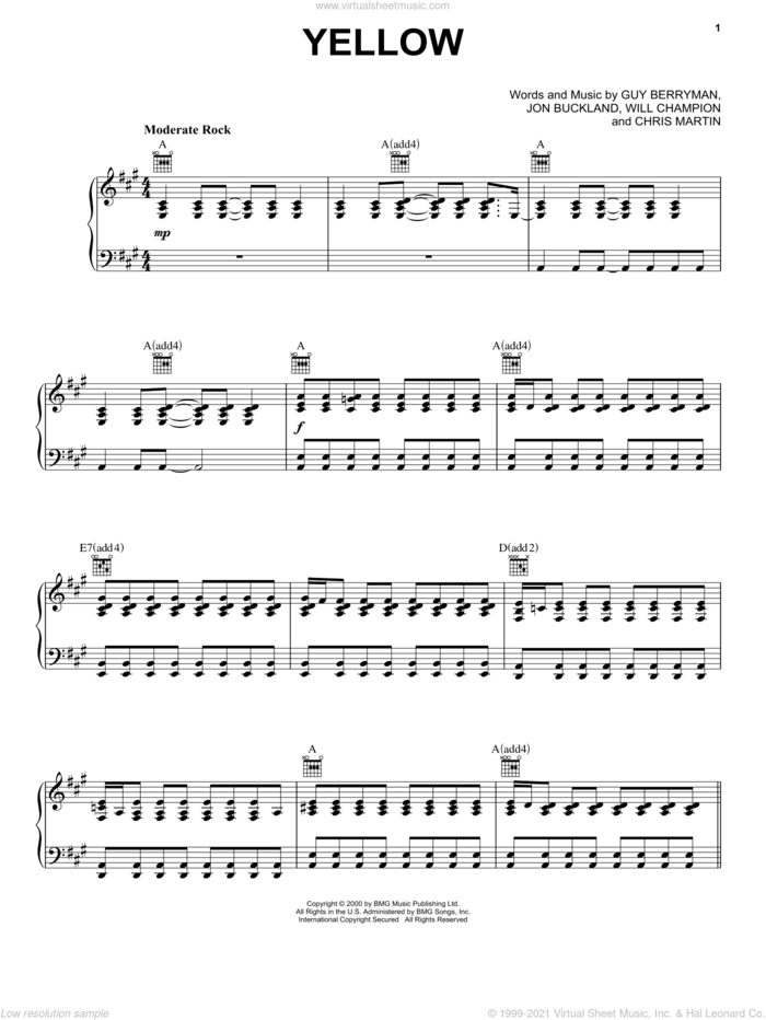 Coldplay Yellow Sheet Music For Voice Piano Or Guitar Pdf - roblox piano coldplay