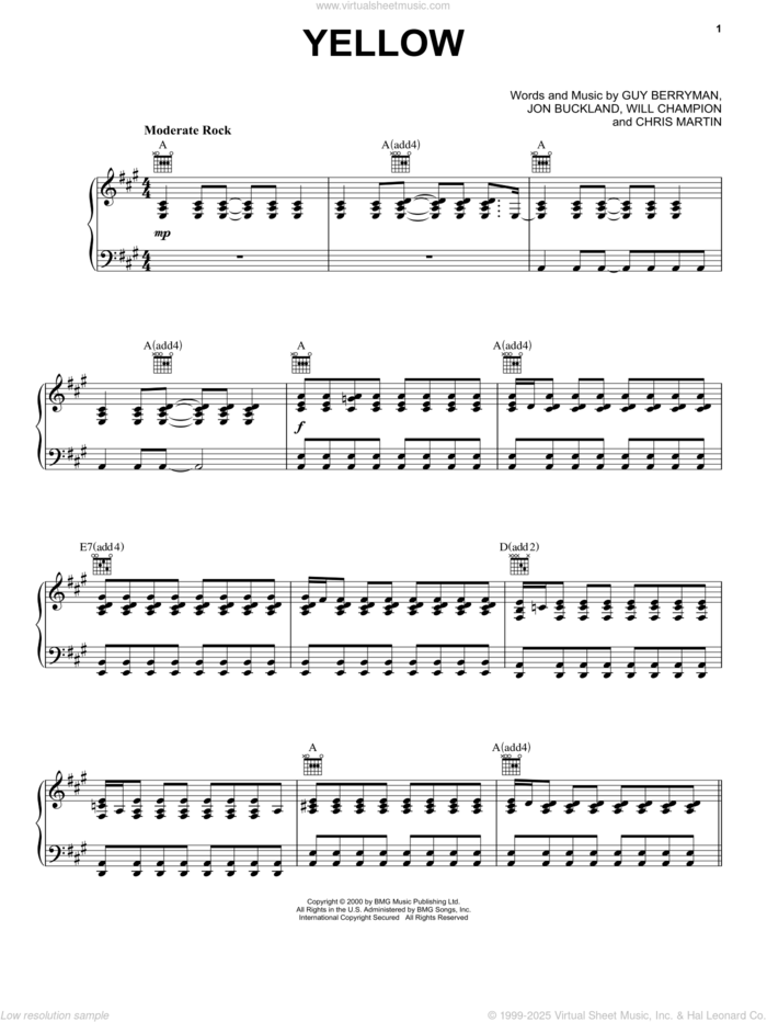 Yellow sheet music for voice, piano or guitar by Coldplay, Guy Berryman, Jon Buckland and Will Champion, intermediate skill level