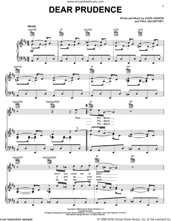 Dear Prudence sheet music for voice, piano or guitar by The Beatles, Across The Universe (Movie), John Lennon and Paul McCartney, intermediate skill level