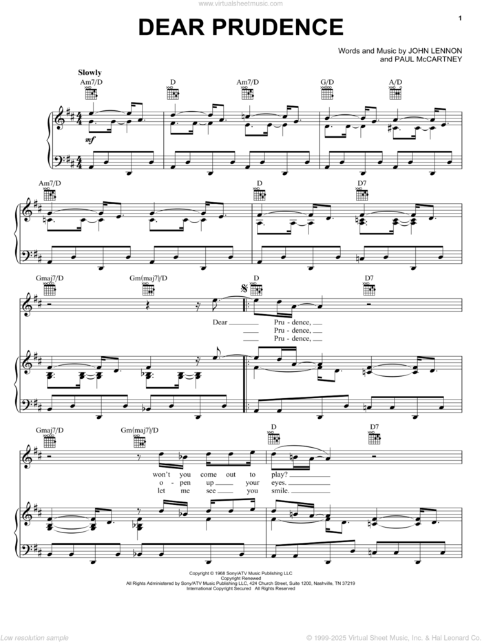 Dear Prudence sheet music for voice, piano or guitar by The Beatles, Across The Universe (Movie), John Lennon and Paul McCartney, intermediate skill level