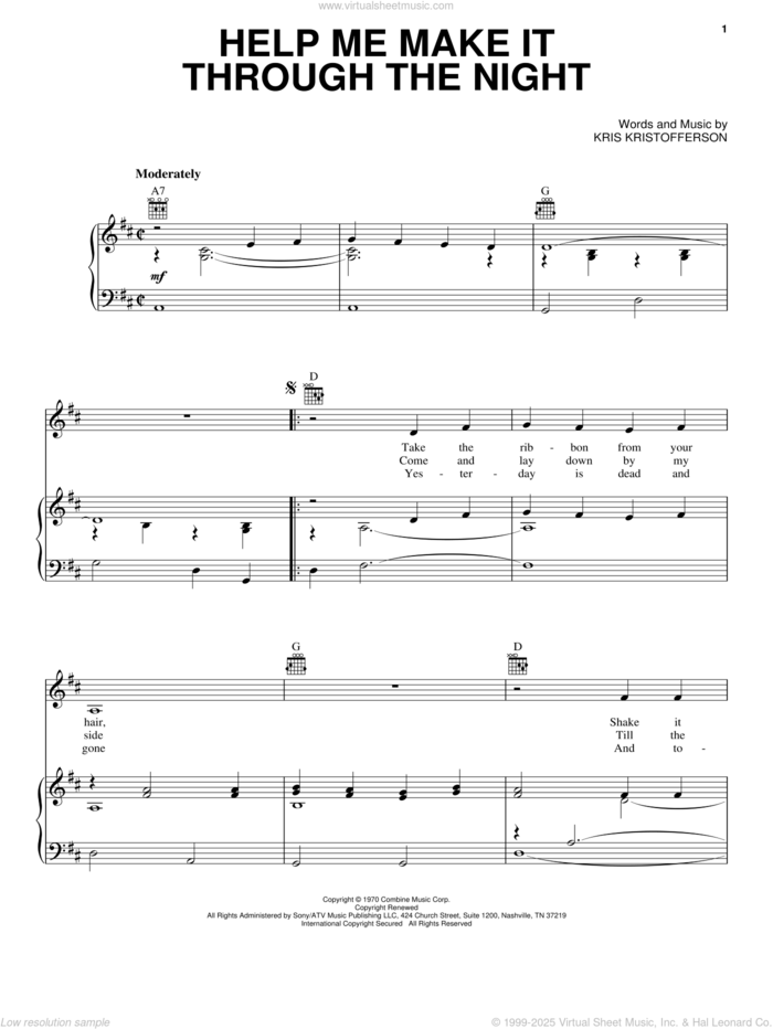 Help Me Make It Through The Night sheet music for voice, piano or guitar by Kris Kristofferson, Elvis Presley, Sammi Smith and Willie Nelson, intermediate skill level