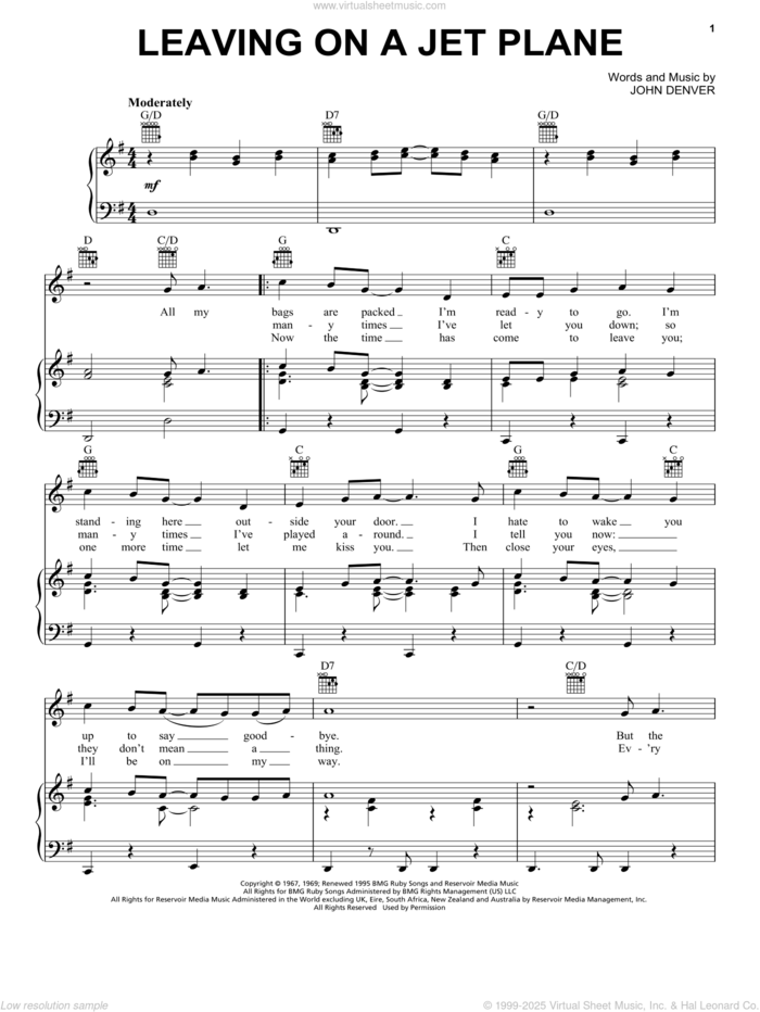 Leaving On A Jet Plane sheet music for voice, piano or guitar by John Denver and Peter, Paul & Mary, intermediate skill level