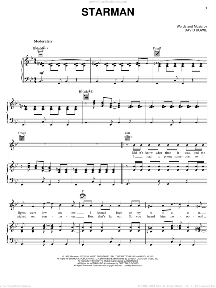 Starman sheet music for voice, piano or guitar by David Bowie, intermediate skill level