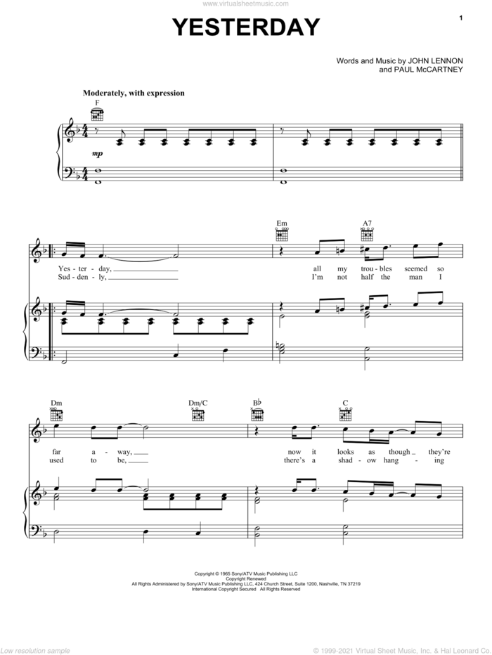 Yesterday sheet music for voice, piano or guitar by The Beatles, John Lennon and Paul McCartney, intermediate skill level