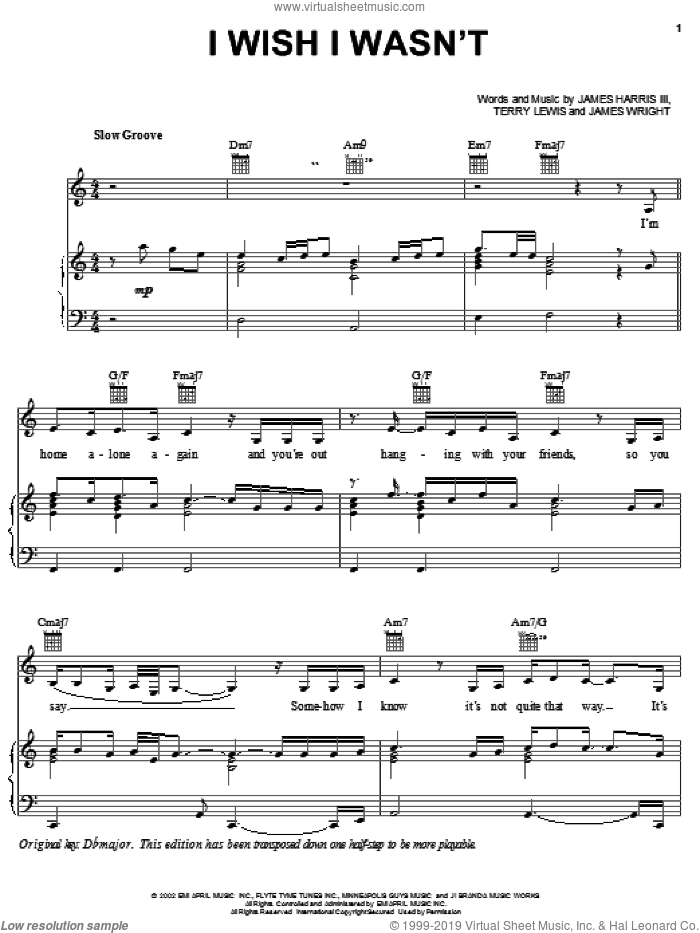 I Wish I Wasn't sheet music for voice, piano or guitar by Heather Headley, James Harris, James Wright and Terry Lewis, intermediate skill level