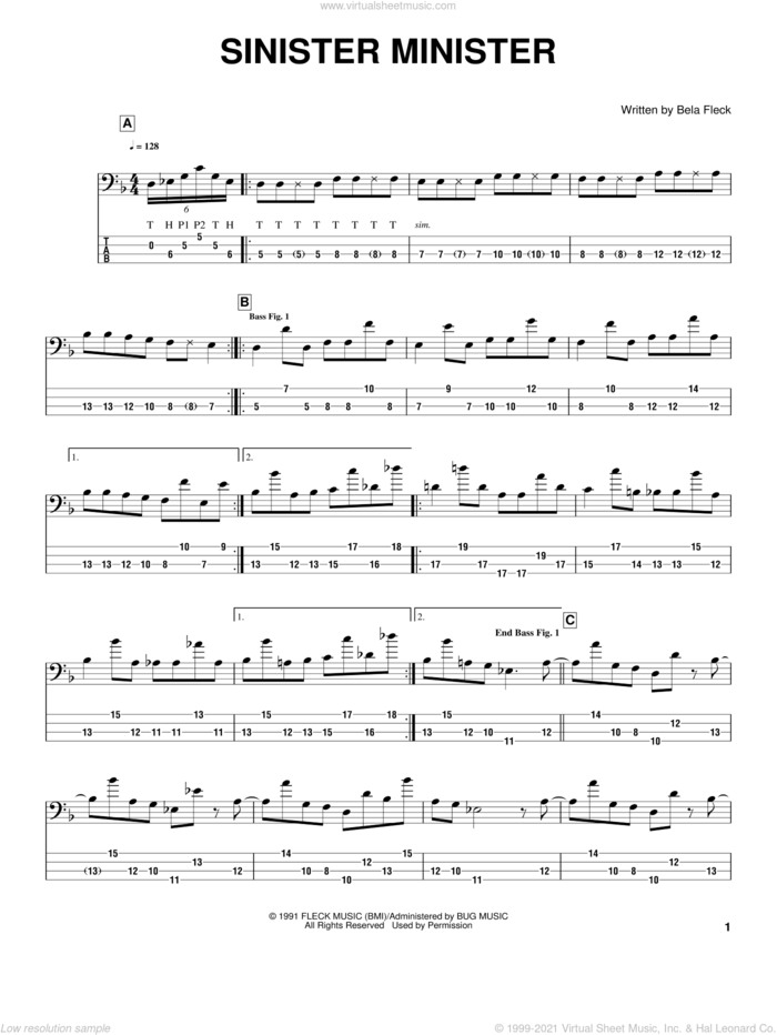 Sinister Minister sheet music for bass (tablature) (bass guitar) by Bela Fleck, The Flecktones and Victor Wooten, intermediate skill level