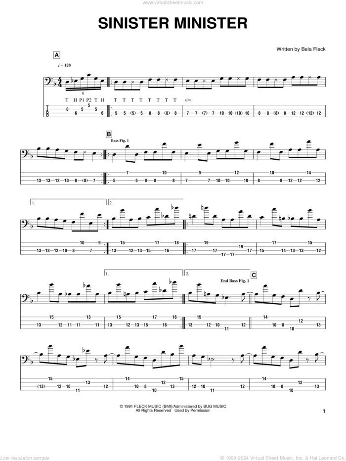 Sinister Minister sheet music for bass (tablature) (bass guitar) by Bela Fleck, The Flecktones and Victor Wooten, intermediate skill level