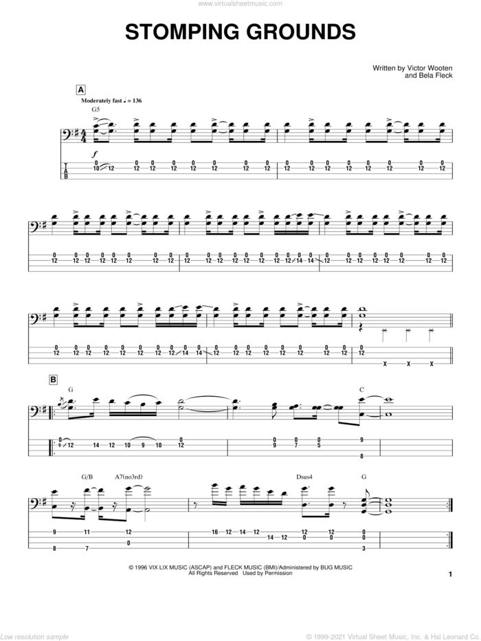 Stomping Grounds sheet music for bass (tablature) (bass guitar) by Victor Wooten, The Flecktones and Bela Fleck, intermediate skill level
