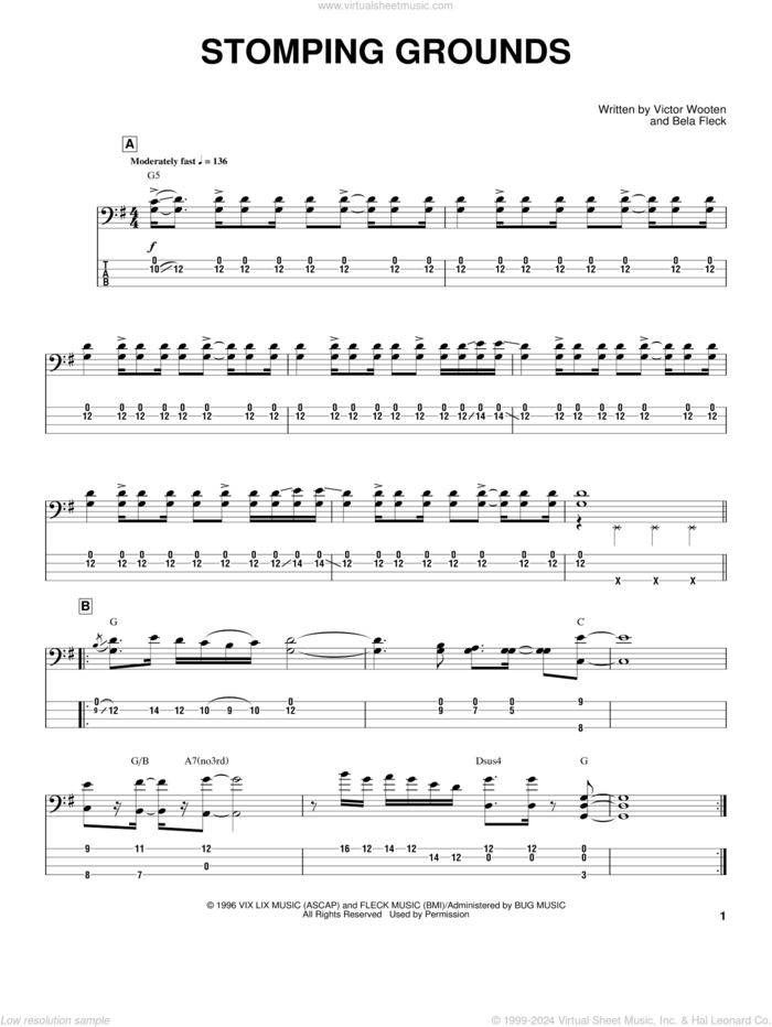 Stomping Grounds sheet music for bass (tablature) (bass guitar) by Victor Wooten, The Flecktones and Bela Fleck, intermediate skill level