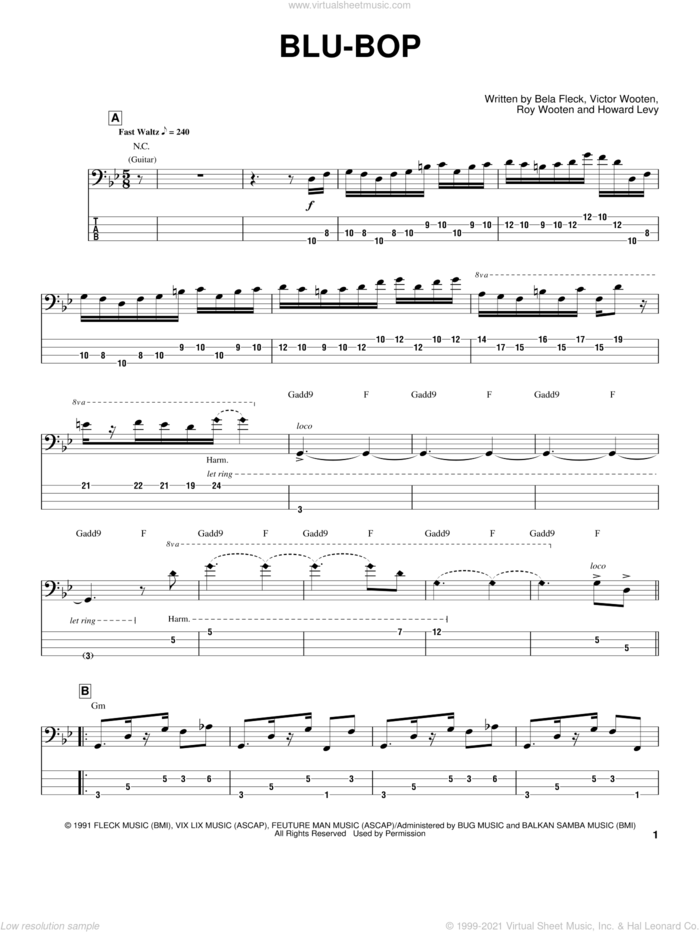 Blu-Bop sheet music for bass (tablature) (bass guitar) by Bela Fleck, The Flecktones, Roy Wooten and Victor Wooten, intermediate skill level