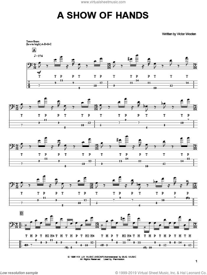A Show Of Hands sheet music for bass (tablature) (bass guitar) by Victor Wooten, intermediate skill level
