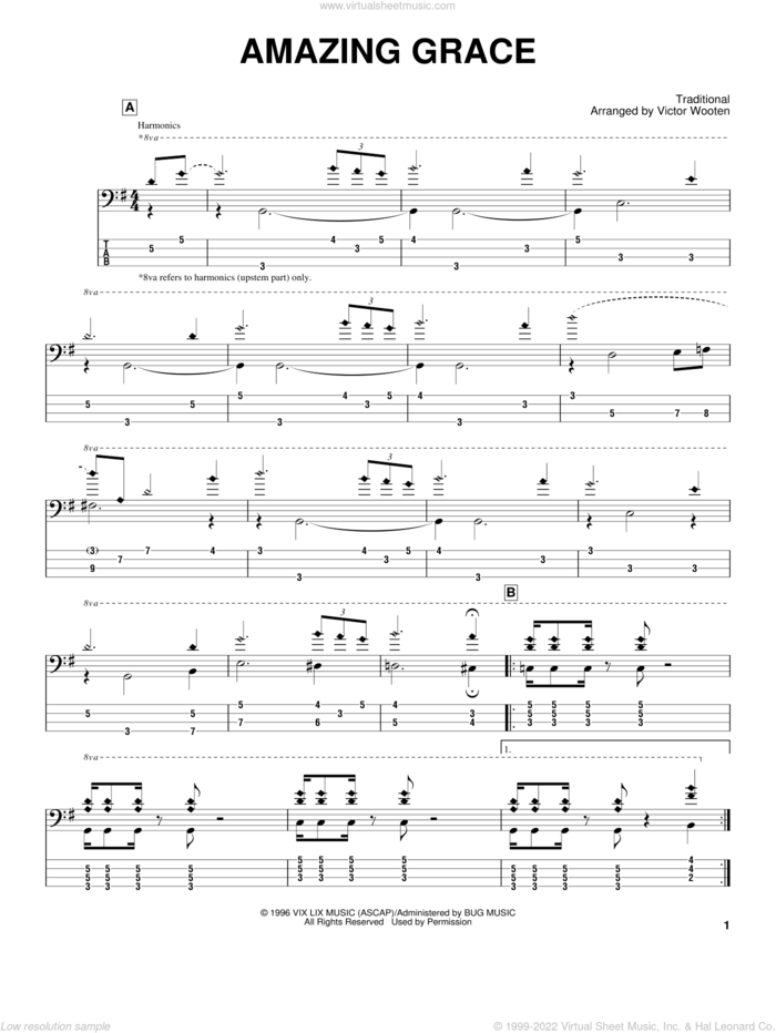 Amazing Grace sheet music for bass (tablature) (bass guitar) by Victor Wooten and Miscellaneous, intermediate skill level