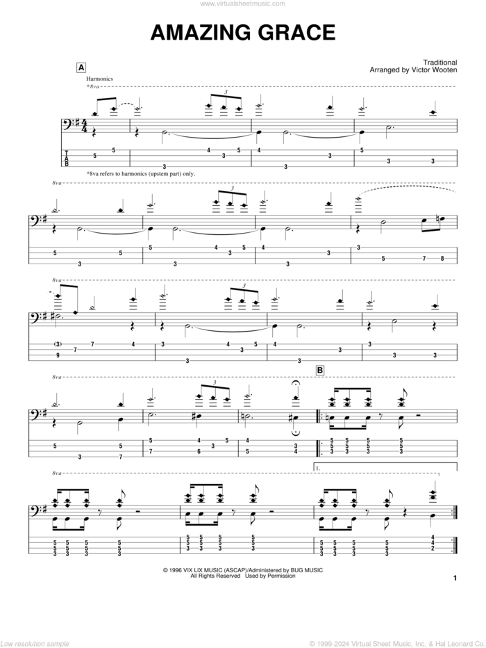 Amazing Grace sheet music for bass (tablature) (bass guitar) by Victor Wooten and Miscellaneous, intermediate skill level