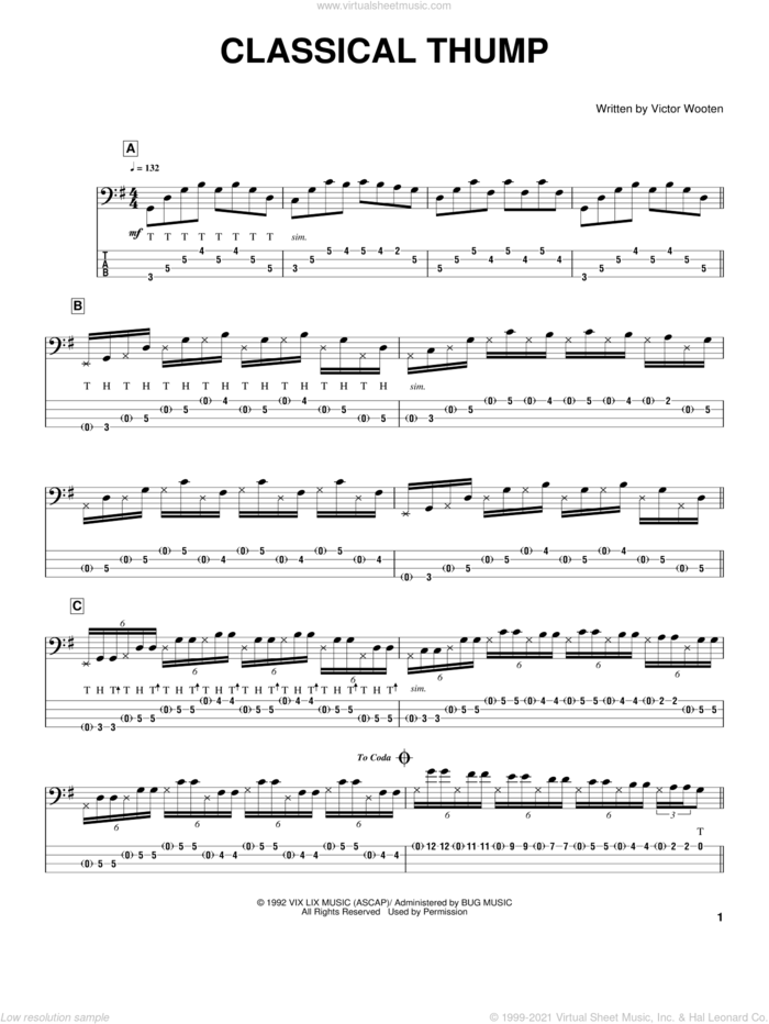 Classical Thump sheet music for bass (tablature) (bass guitar) by Victor Wooten, intermediate skill level