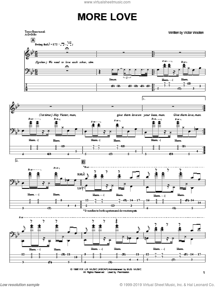 More Love sheet music for bass (tablature) (bass guitar) by Victor Wooten, intermediate skill level