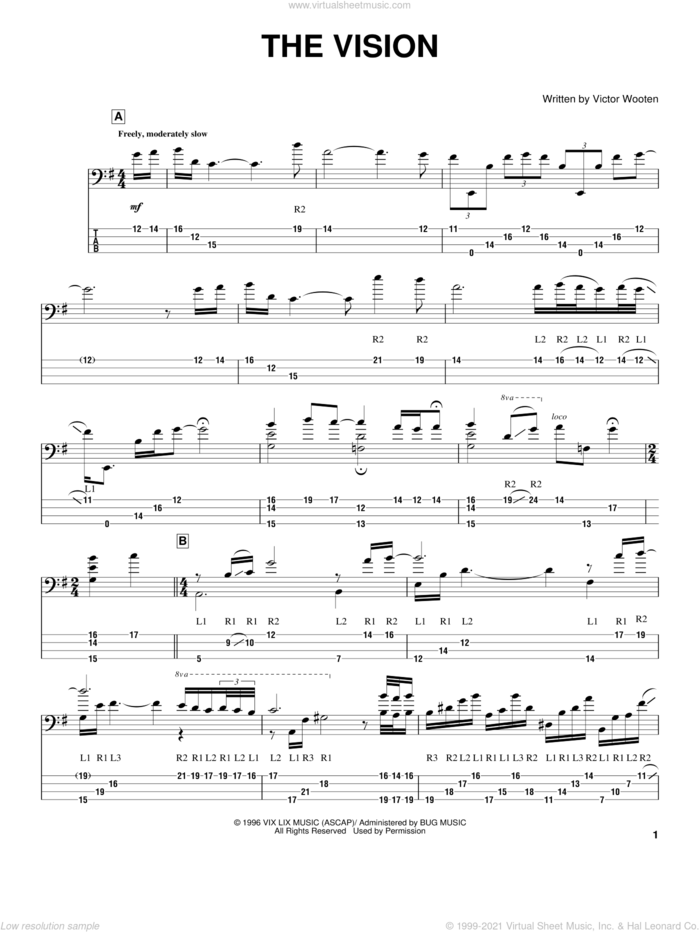 The Vision sheet music for bass (tablature) (bass guitar) by Victor Wooten, intermediate skill level