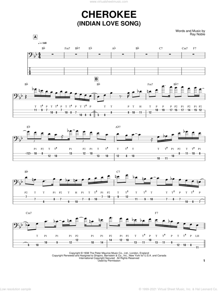 Cherokee (Indian Love Song) sheet music for bass (tablature) (bass guitar) by Victor Wooten, Benny Goodman and Ray Noble, intermediate skill level
